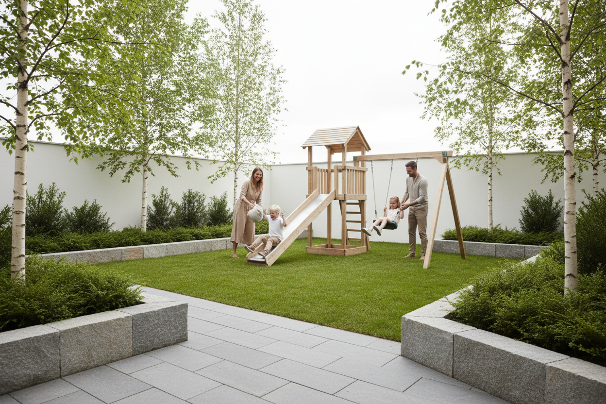 Clean Scandinavian backyard, parents and kids near wooden playset, natural light, minimal style, realistic photo, no text, no logos