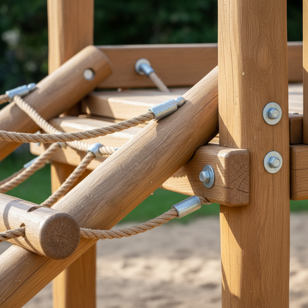 Close-up of safe wooden playground details, rounded edges, ropes and bolts, natural colors, realistic photo, no text, no logos. 1:1