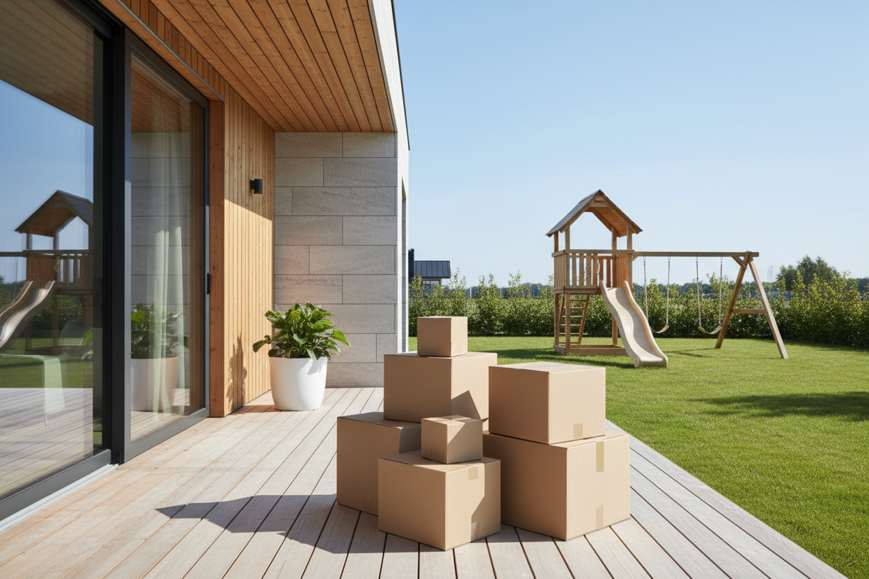 Delivery boxes near a modern house backyard, wooden playset in background, clean Scandinavian look, realistic photo, no text, no logos